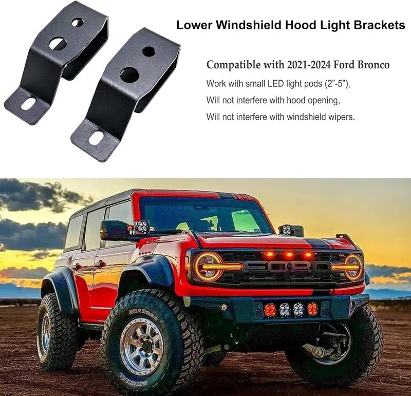 DarSeity Low Profile Windshield Mount Hood Hinges Ditch Light Brackets for Ford Bronco 2021-2024, for Auxiliary Off-Road Lighting (for Ford Bronco) - Image 2